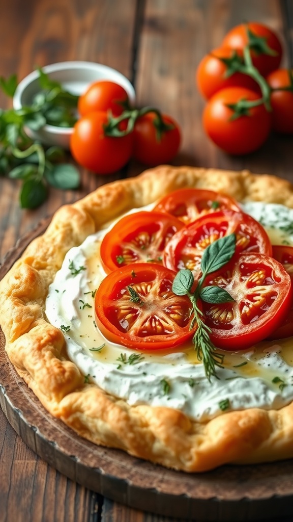 Savory Herbed Goat Cheese and Tomato Tart A savory herbed goat cheese and tomato tart on a wooden table, garnished with fresh herbs, ready for Mother